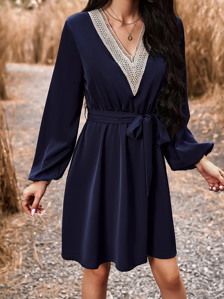 Long Sleeve Tie Waist V-Neck Mini Dress BLUE ZONE PLANET