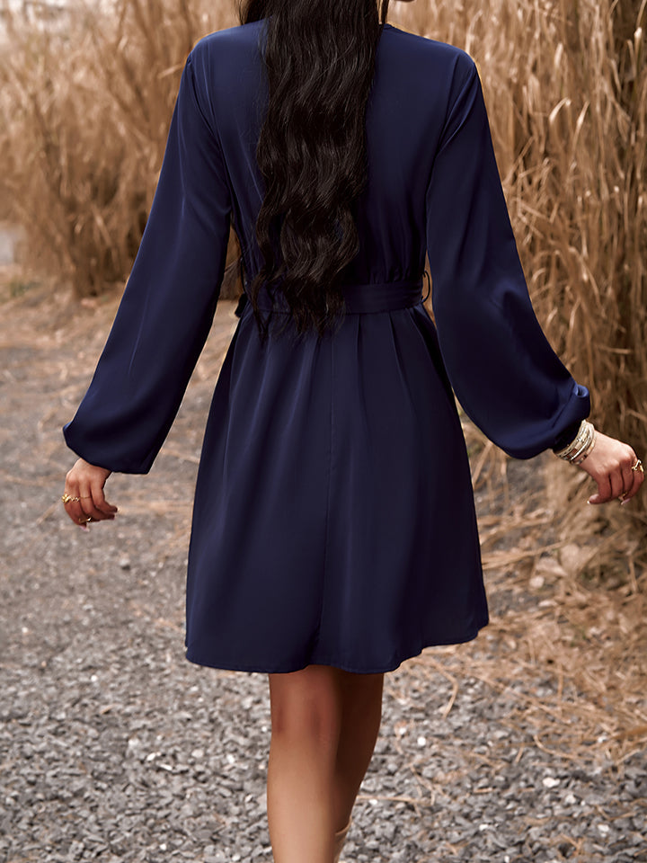 Long Sleeve Tie Waist V-Neck Mini Dress BLUE ZONE PLANET