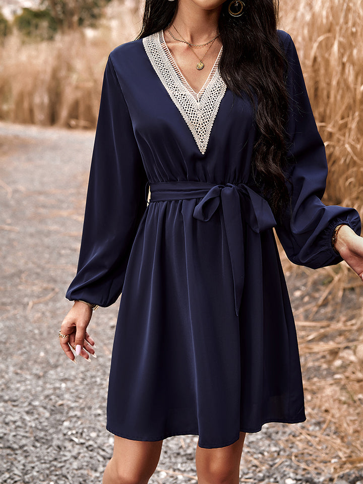 Long Sleeve Tie Waist V-Neck Mini Dress BLUE ZONE PLANET