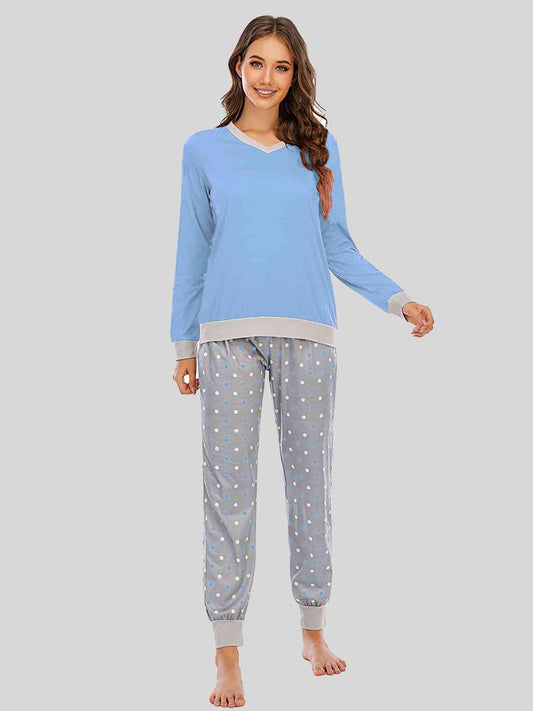 Long Sleeve Top and Polka Dot Pants Set BLUE ZONE PLANET