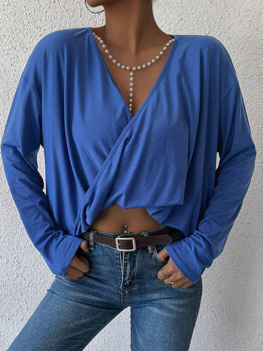 Long Sleeve Twisted Surplice Neck Blouse BLUE ZONE PLANET