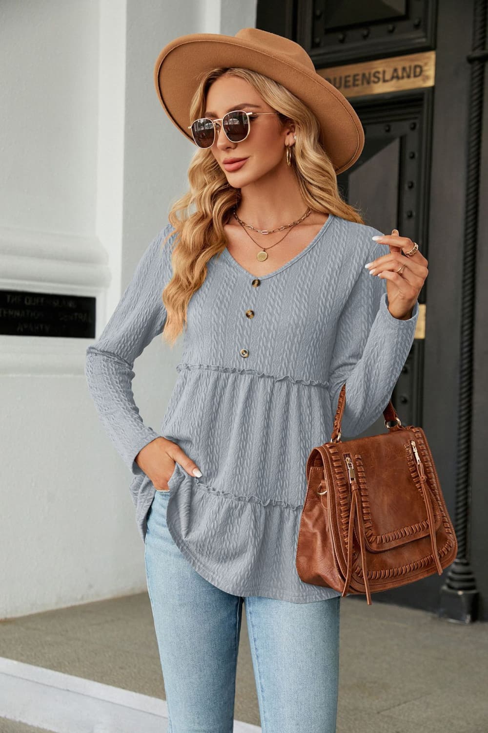 Long Sleeve V-Neck Cable-Knit Blouse BLUE ZONE PLANET