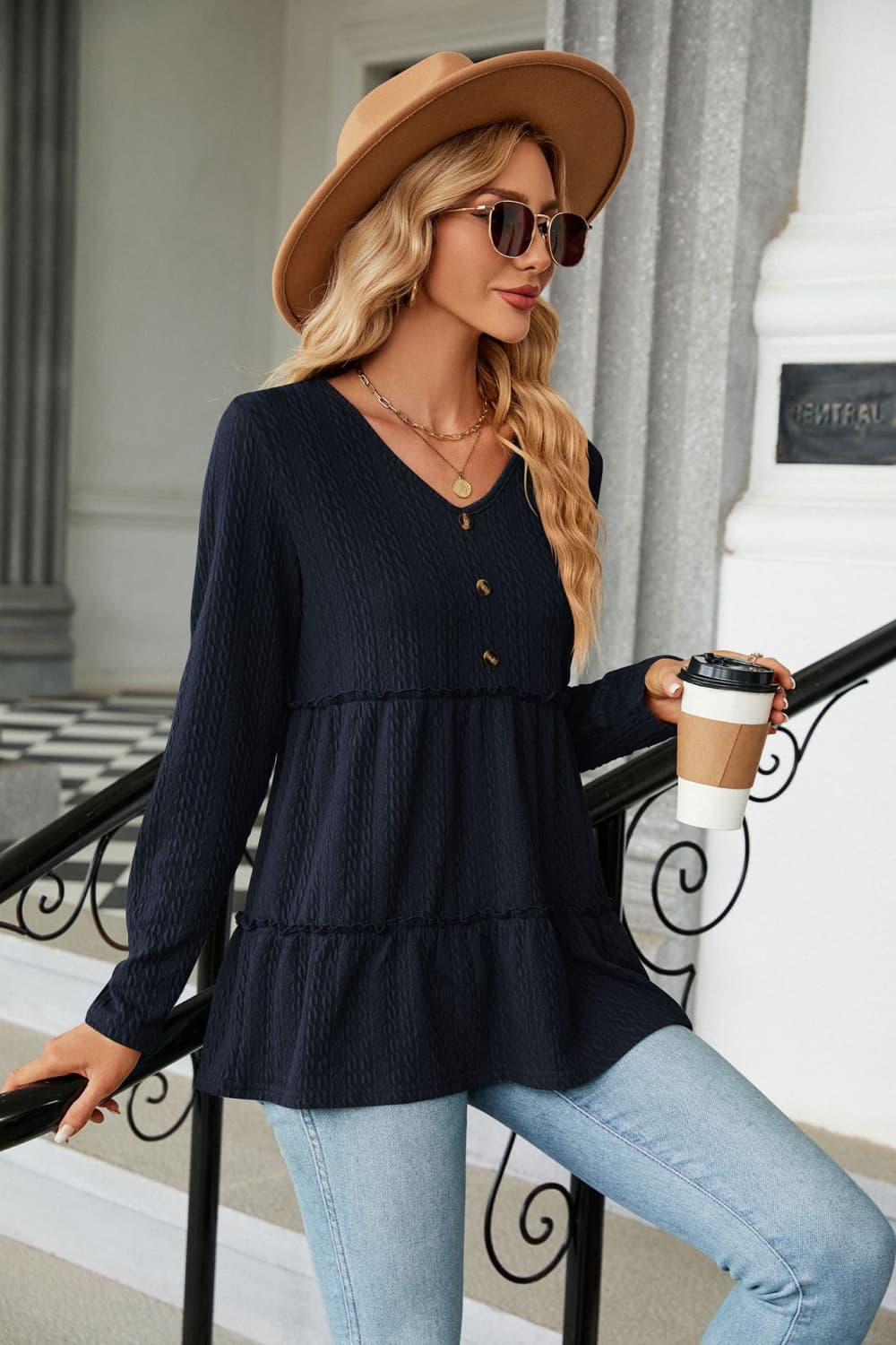 Long Sleeve V-Neck Cable-Knit Blouse BLUE ZONE PLANET