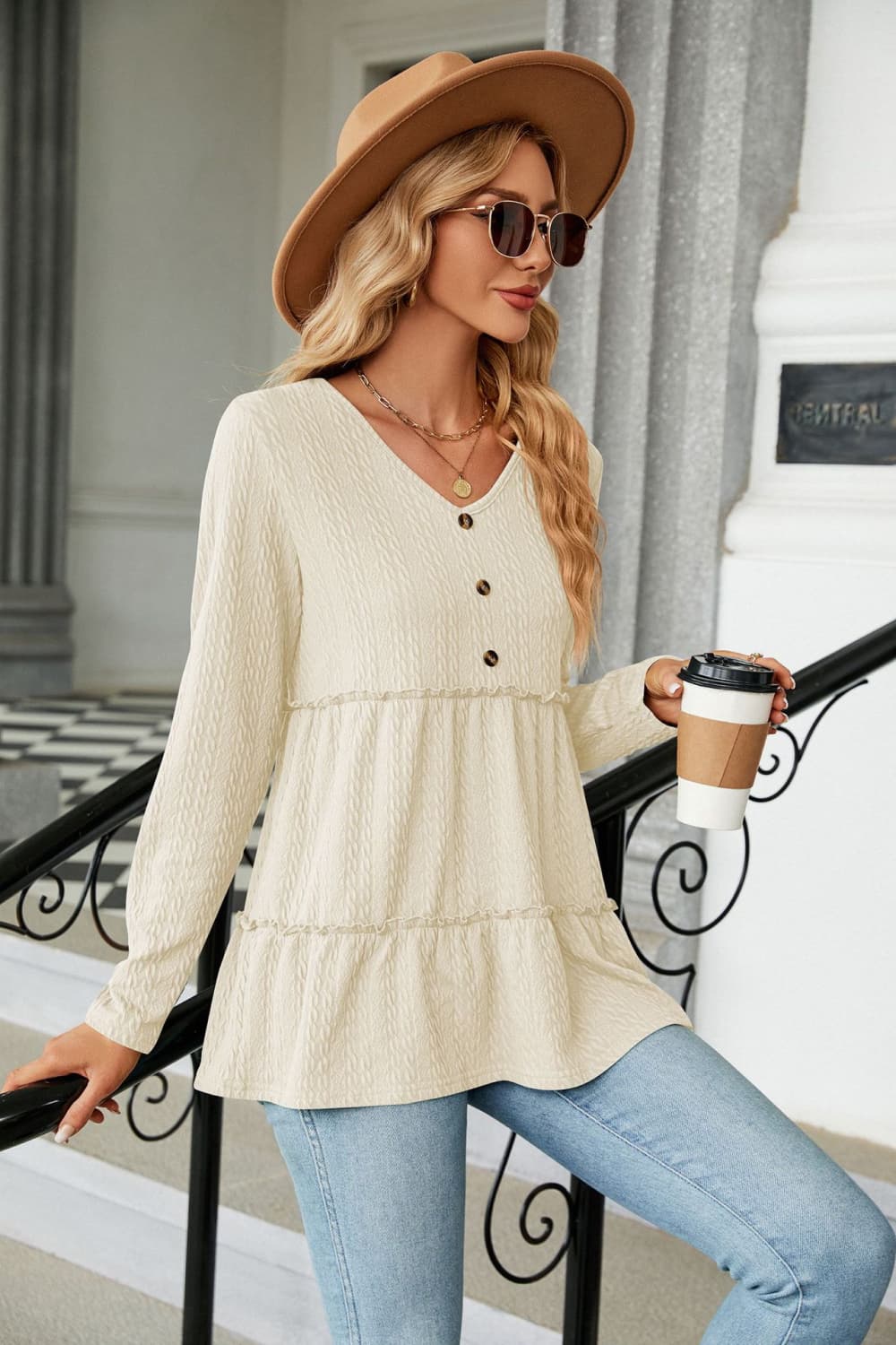 Long Sleeve V-Neck Cable-Knit Blouse BLUE ZONE PLANET