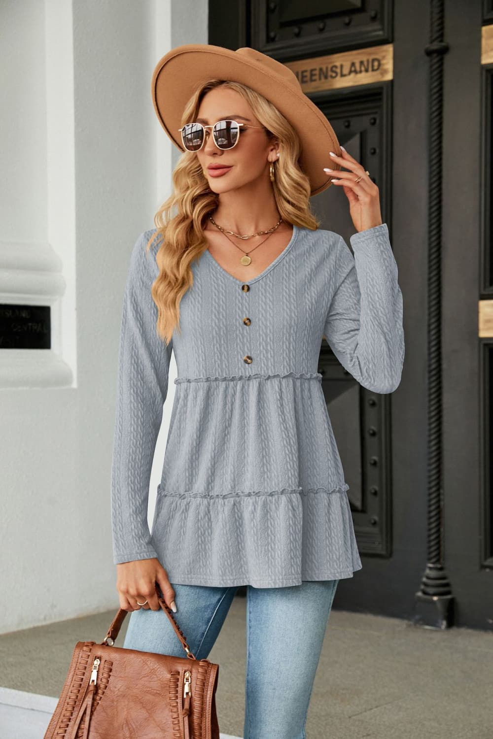 Long Sleeve V-Neck Cable-Knit Blouse BLUE ZONE PLANET