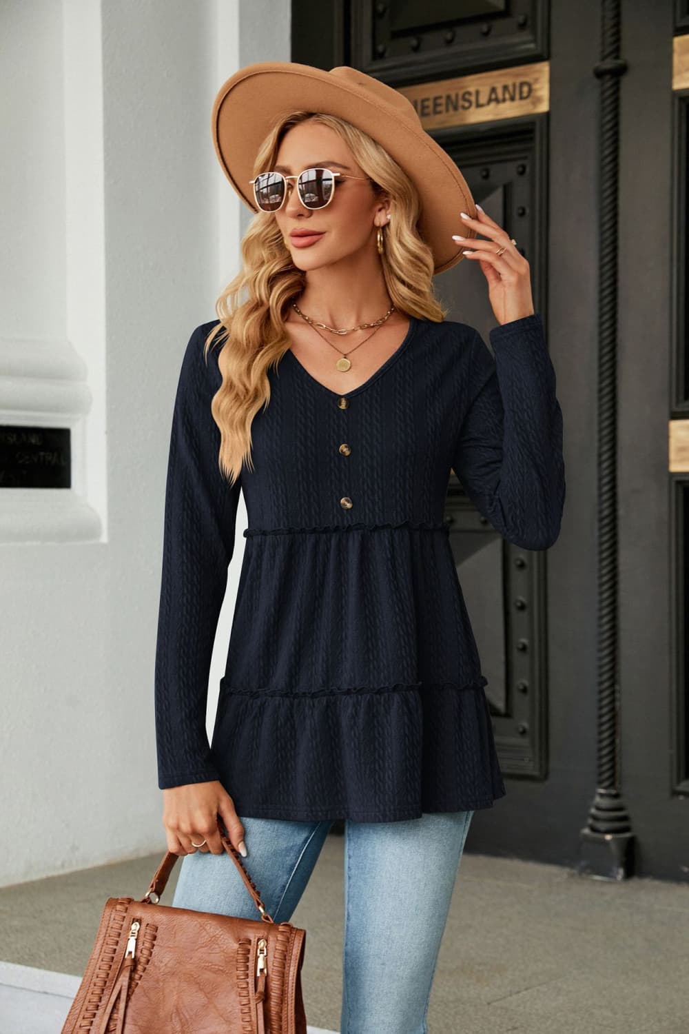 Long Sleeve V-Neck Cable-Knit Blouse BLUE ZONE PLANET