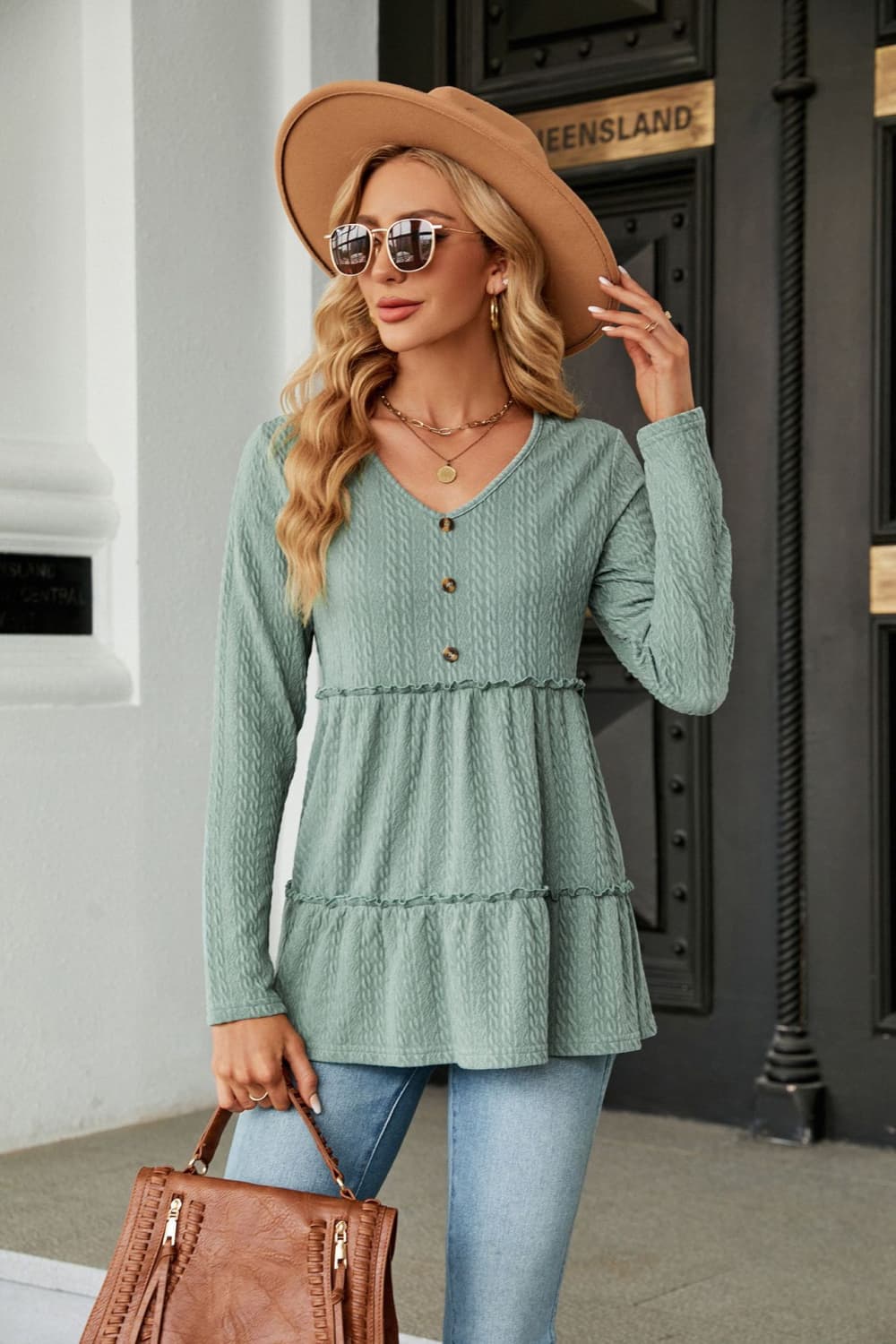 Long Sleeve V-Neck Cable-Knit Blouse BLUE ZONE PLANET