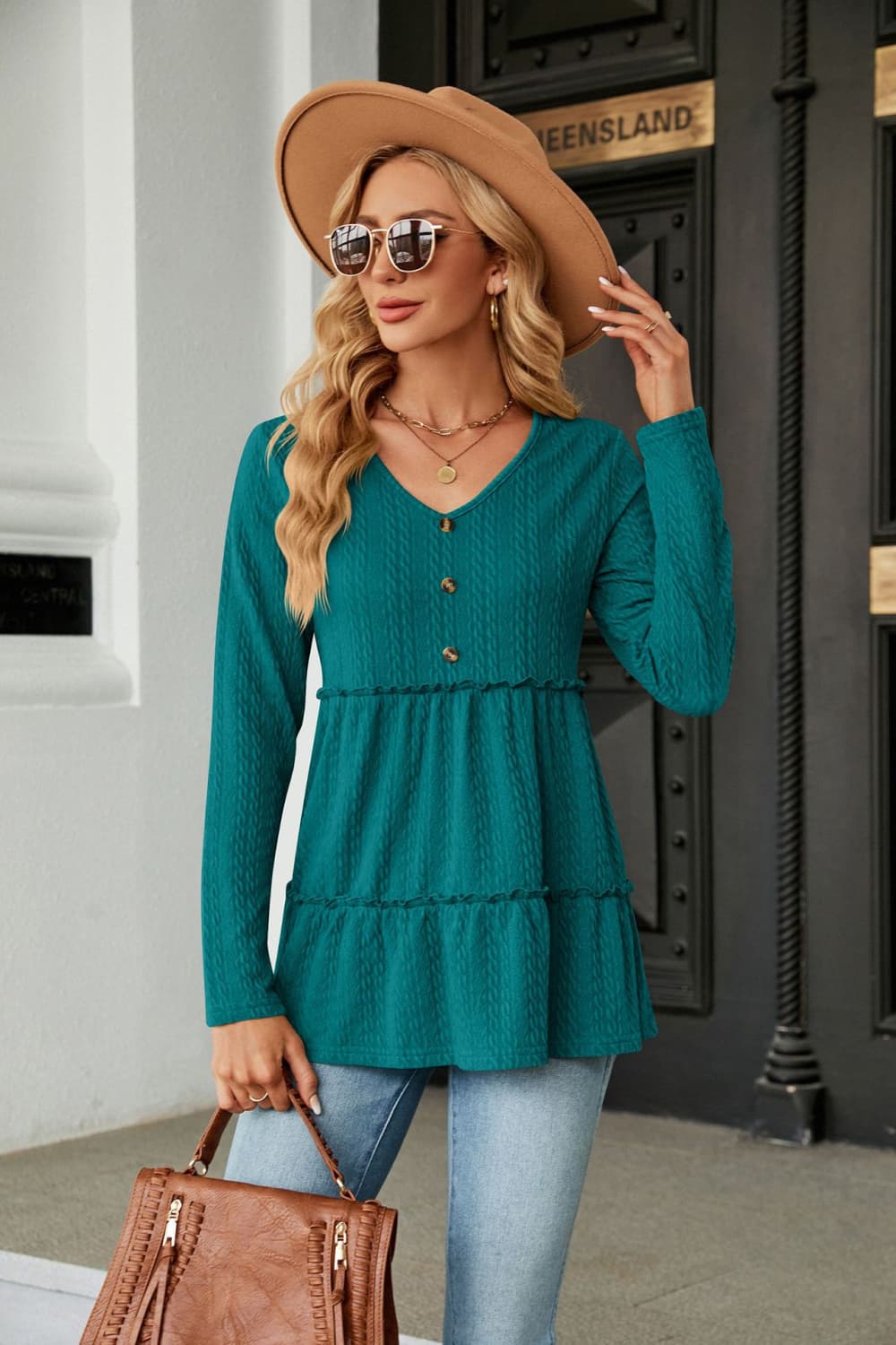 Long Sleeve V-Neck Cable-Knit Blouse BLUE ZONE PLANET