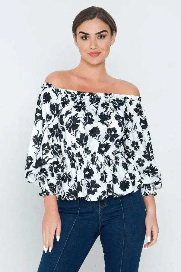 Long Sleeves Off Shoulder Neckline Printed Shirt Blue Zone Planet