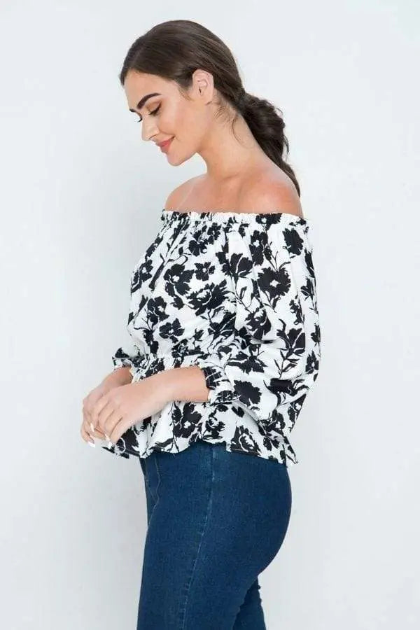 Long Sleeves Off Shoulder Neckline Printed Shirt Blue Zone Planet