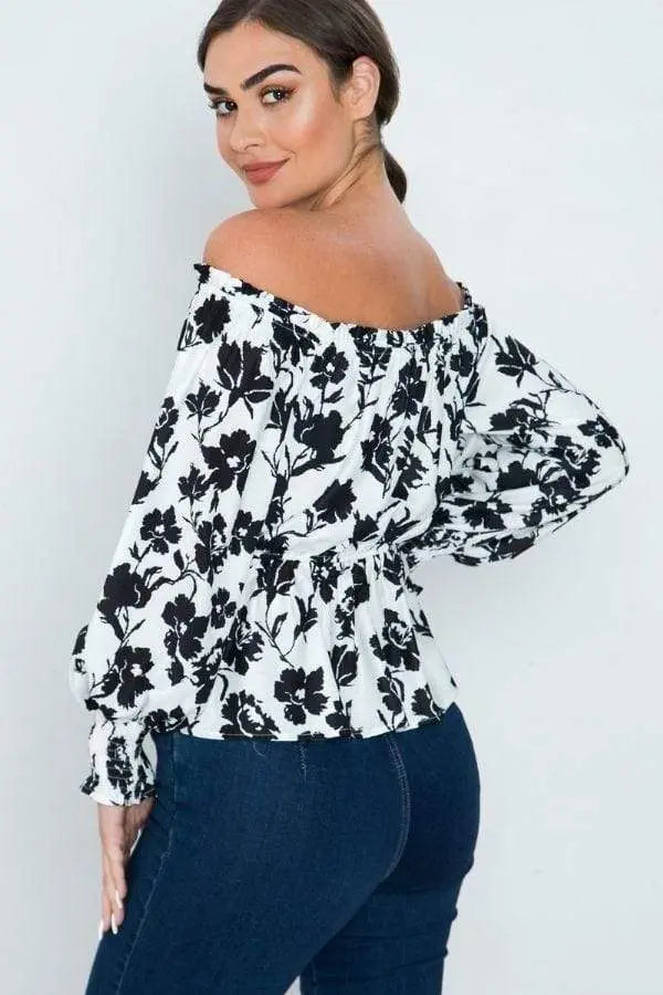 Long Sleeves Off Shoulder Neckline Printed Shirt Blue Zone Planet