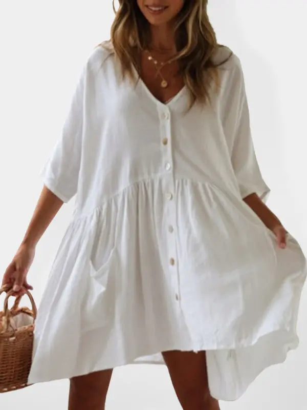 Loose Button Rayon Slub Casual Dress Beach Cover Up Holiday Dress kakaclo