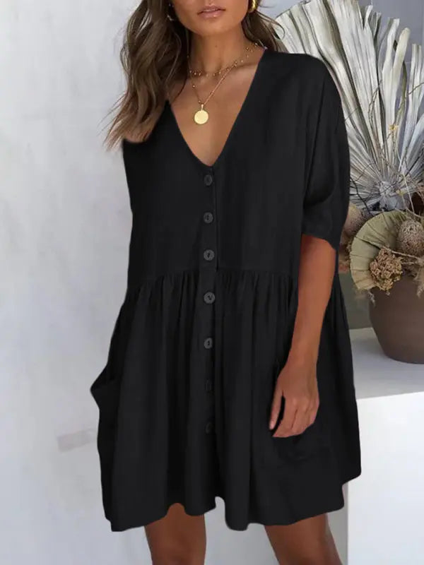 Loose Button Rayon Slub Casual Dress Beach Cover Up Holiday Dress kakaclo