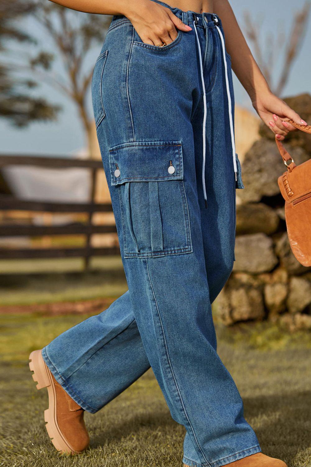 Loose Fit Drawstring Jeans with Pocket BLUE ZONE PLANET