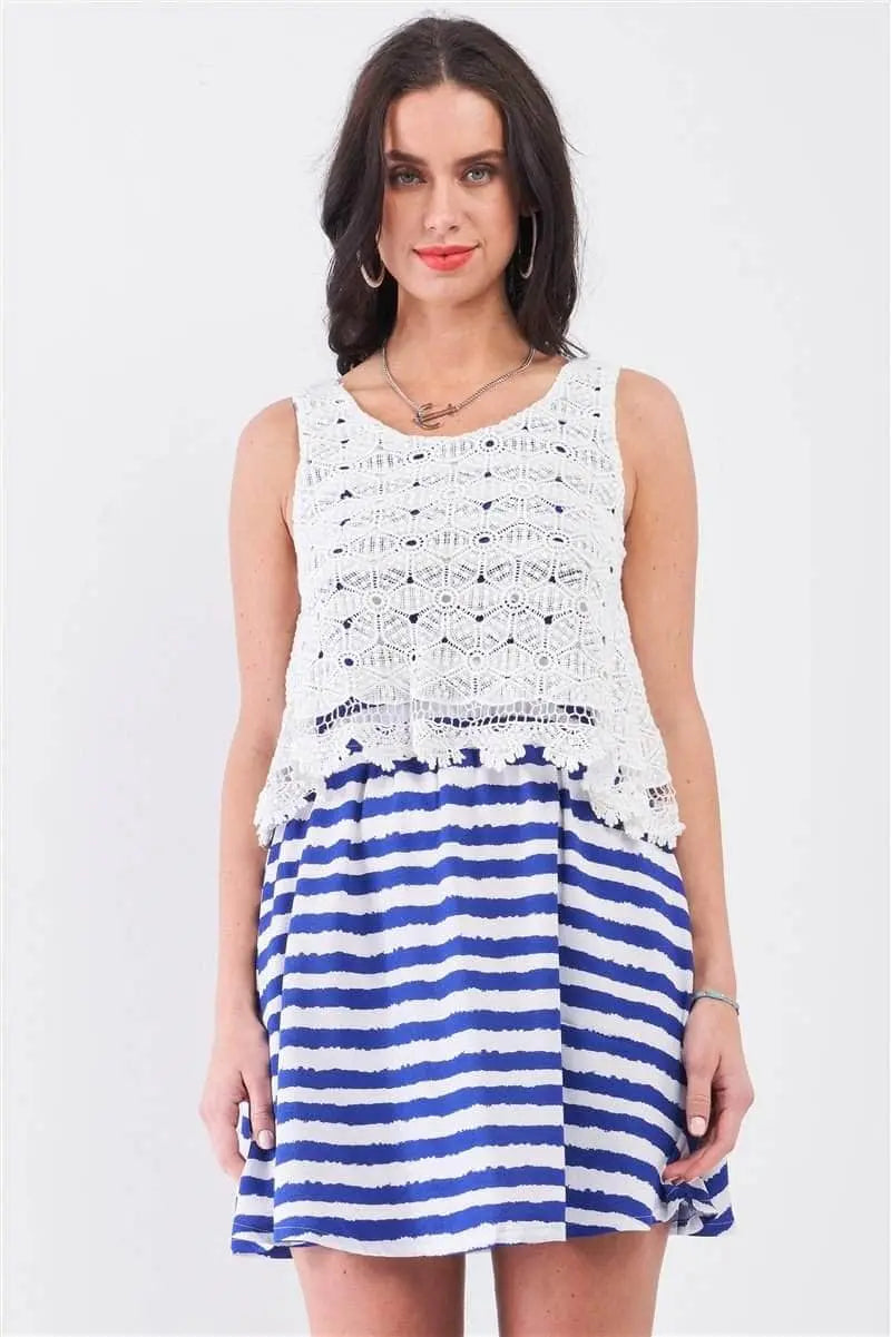Love Blue Stripes Floral Embroidery Layered Top Mini Dress Blue Zone Planet