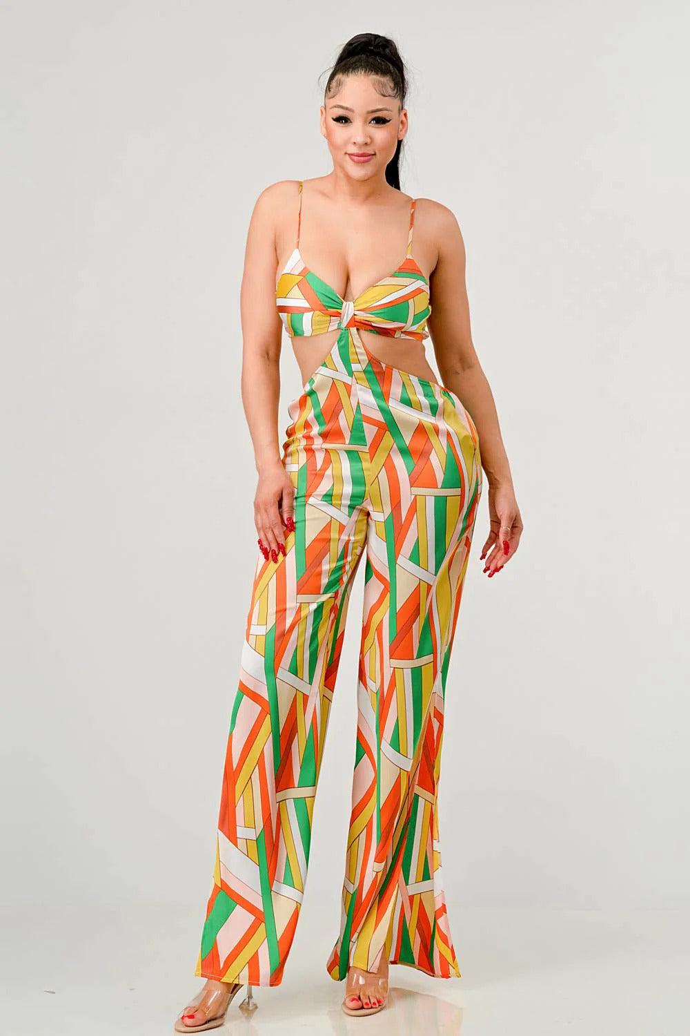 Luxe Geometric Print Satin Bra Top and Palazzo Jumpsuit Blue Zone Planet