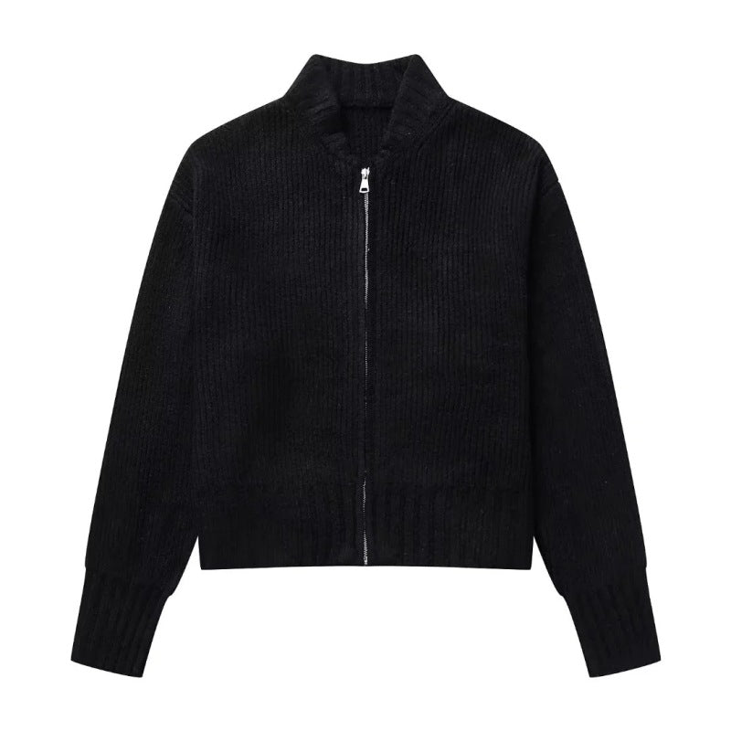 New able stand collar solid color loose zipper knitted cardigan sweater-[Adult]-[Female]-Black-S-2022 Online Blue Zone Planet