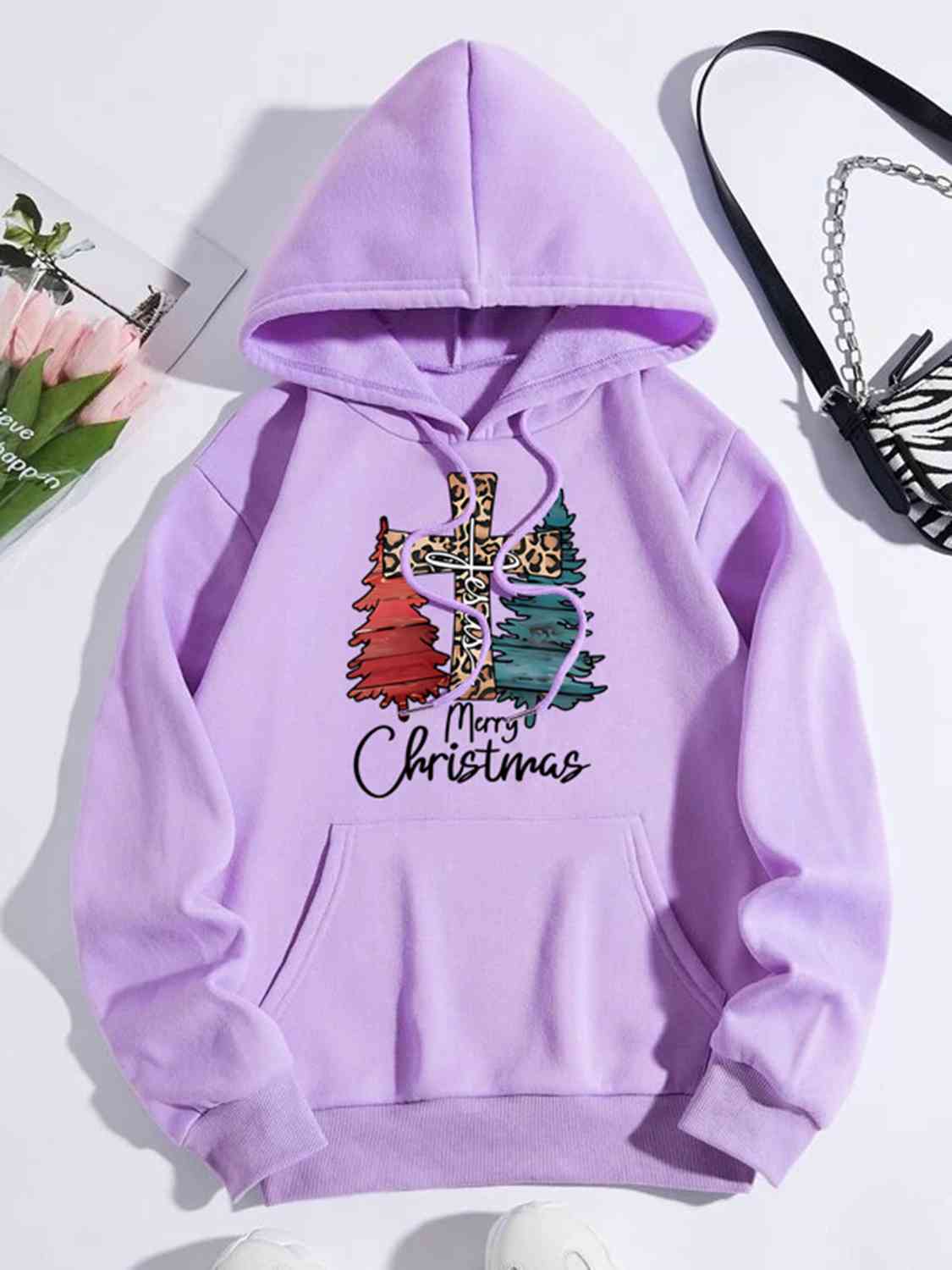 MERRY CHRISTMAS Graphic Drawstring Hoodie BLUE ZONE PLANET