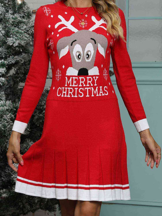 MERRY CHRISTMAS Graphic Pleated Sweater Dress-TOPS / DRESSES-[Adult]-[Female]-Red-S-2022 Online Blue Zone Planet