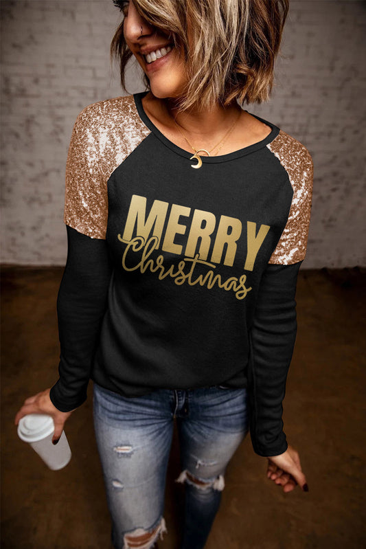 MERRY CHRISTMAS Graphic Sequin T-Shirt BLUE ZONE PLANET