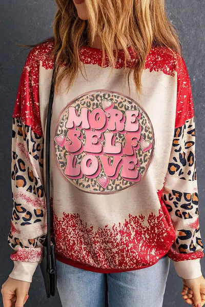 MORE SELF LOVE Leopard Round Neck Sweatshirt BLUE ZONE PLANET