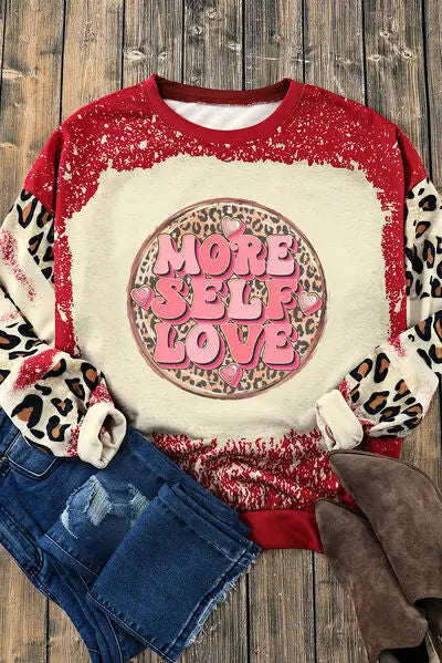 MORE SELF LOVE Leopard Round Neck Sweatshirt BLUE ZONE PLANET