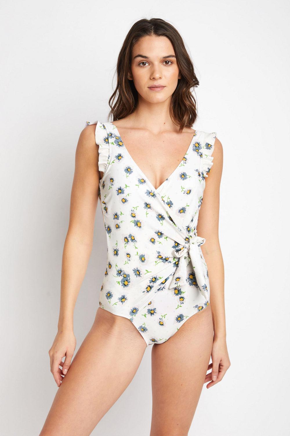 Marina West Swim Float On Ruffle Faux Wrap One-Piece in Daisy Cream BLUE ZONE PLANET