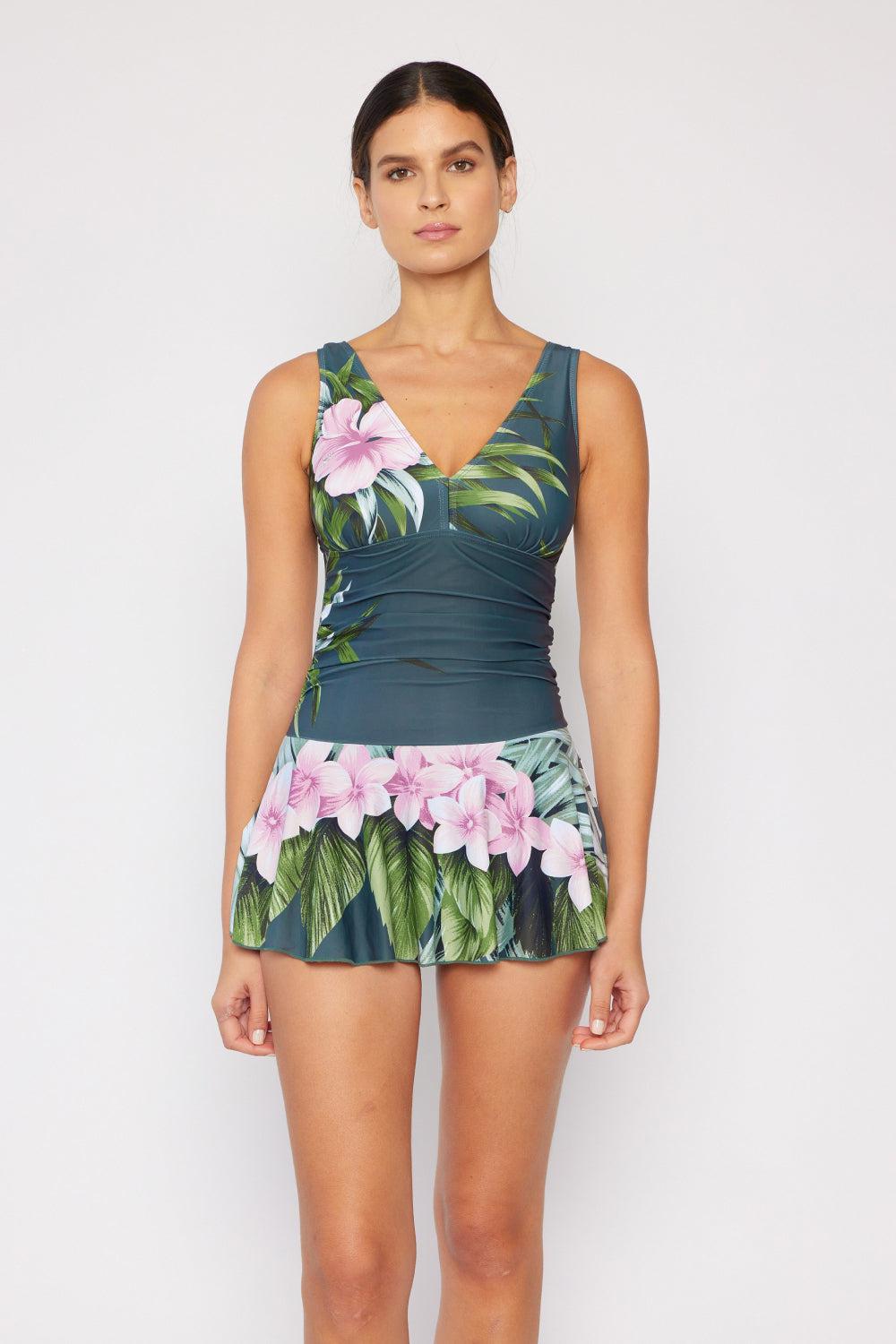 Marina West Swim Full Size Clear Waters Swim Dress in Aloha Forest BLUE ZONE PLANET