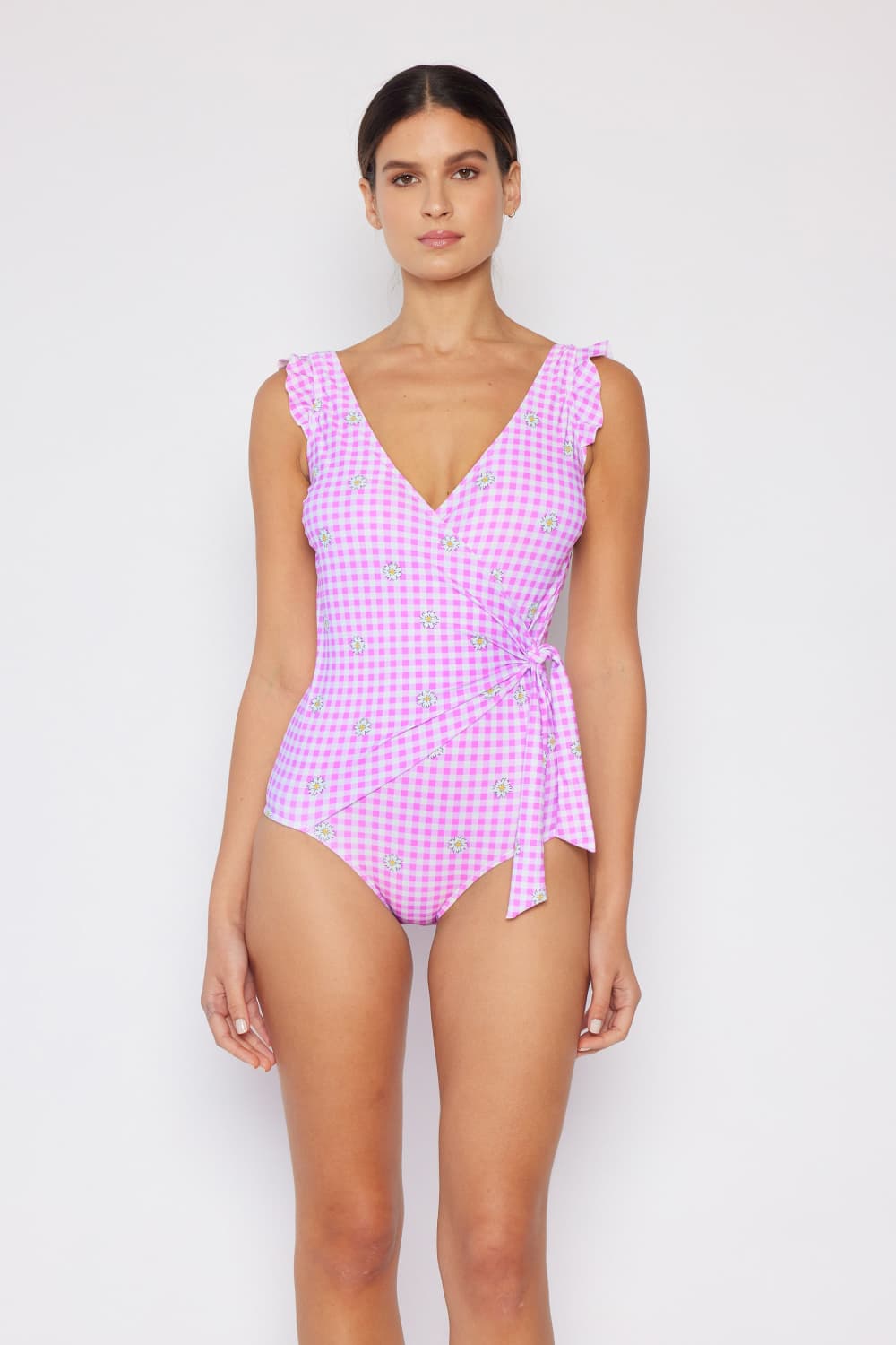 Marina West Swim Full Size Float On Ruffle Faux Wrap One-Piece in Carnation Pink BLUE ZONE PLANET