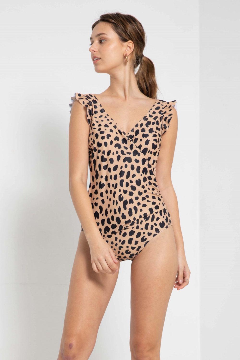 Marina West Swim Full Size Float On Ruffle Faux Wrap One-Piece in Leopard BLUE ZONE PLANET