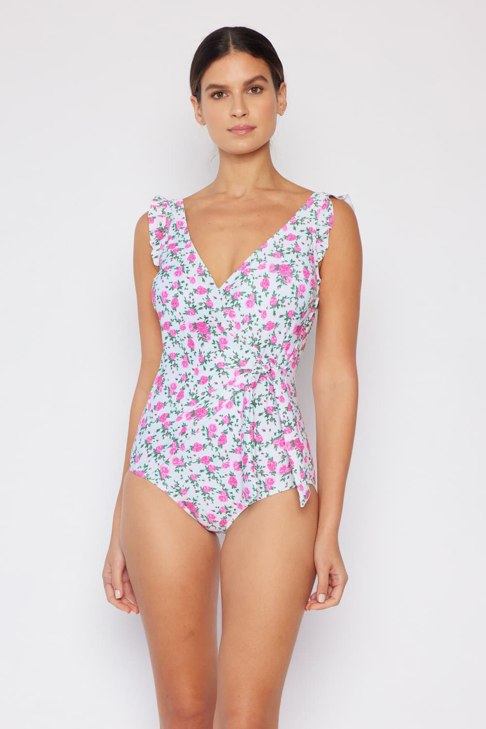 Marina West Swim Full Size Float On Ruffle Faux Wrap One-Piece in Roses Off-White BLUE ZONE PLANET