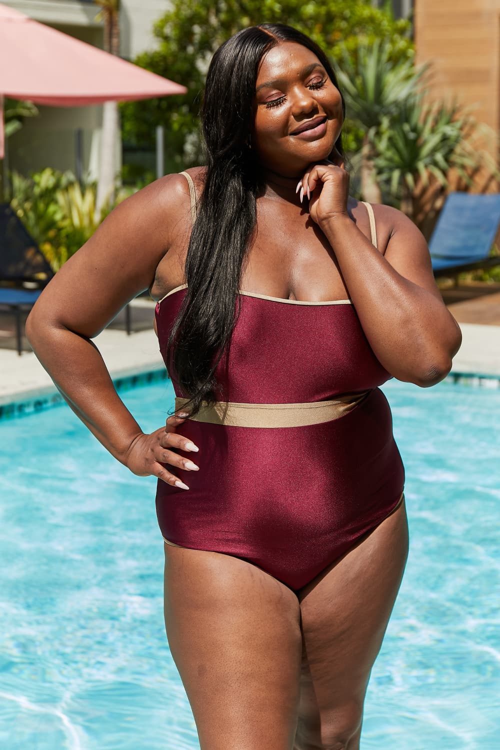 Marina West Swim Wave Break Contrast Trim One-Piece in Wine BLUE ZONE PLANET