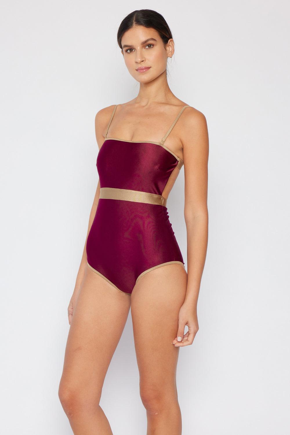 Marina West Swim Wave Break Contrast Trim One-Piece in Wine BLUE ZONE PLANET