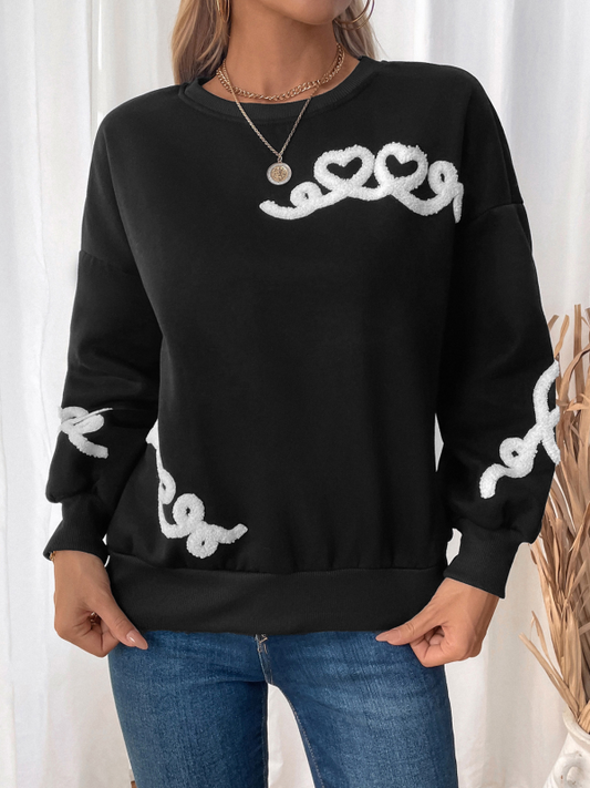 New Casual Round Neck Towel Embroidery Sweatshirt-[Adult]-[Female]-Black-S-2022 Online Blue Zone Planet