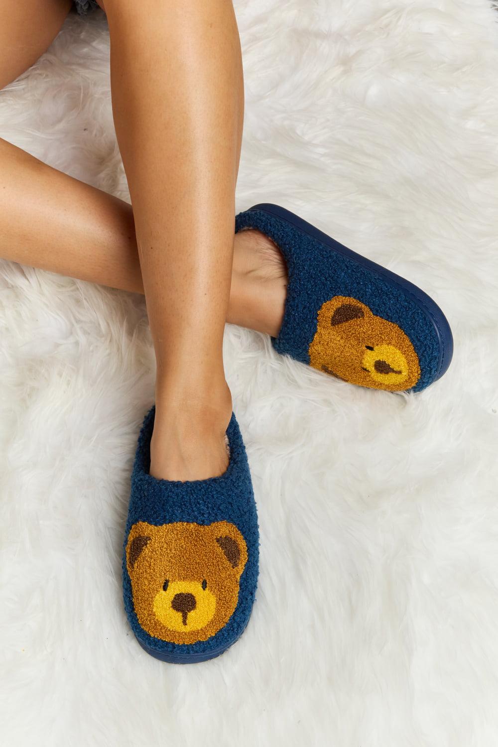 Melody Teddy Bear Print Plush Slide Slippers BLUE ZONE PLANET