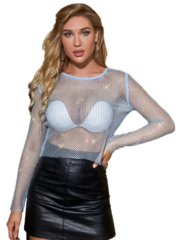 Mesh flash diamond long-sleeved top female sexy nightclub hot girl fishnet T-shirt BLUE ZONE PLANET