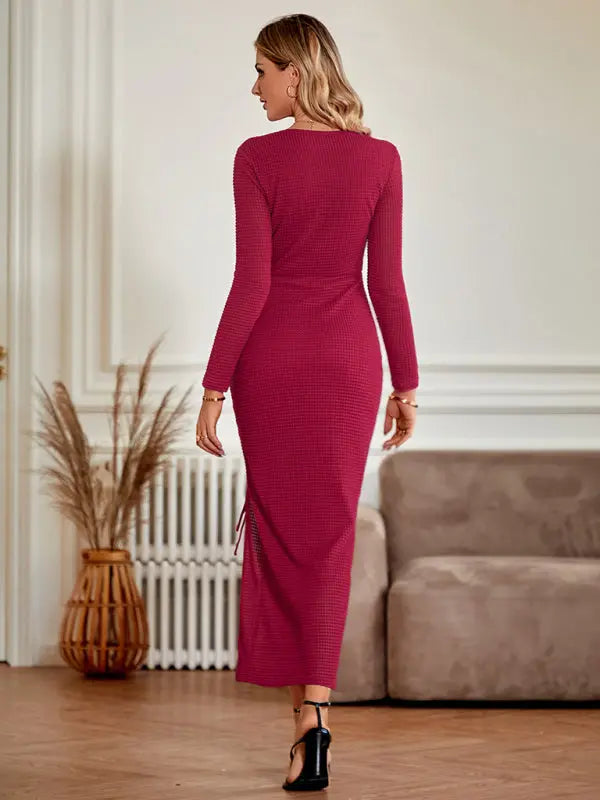 Mia's U-Neck Slit Drawstring Long-Sleeve Midi Dress kakaclo