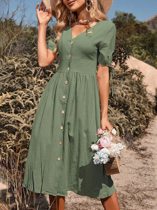 Mia's Woven V-Neck Breasted A-Line Short Sleeve Midi Dress BLUE ZONE PLANET