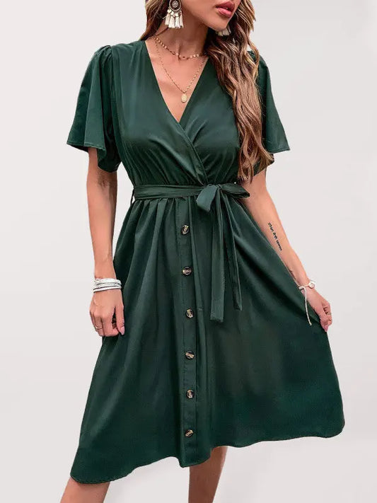 Mia's Woven V-Neck Short Sleeve Midi Dress kakaclo