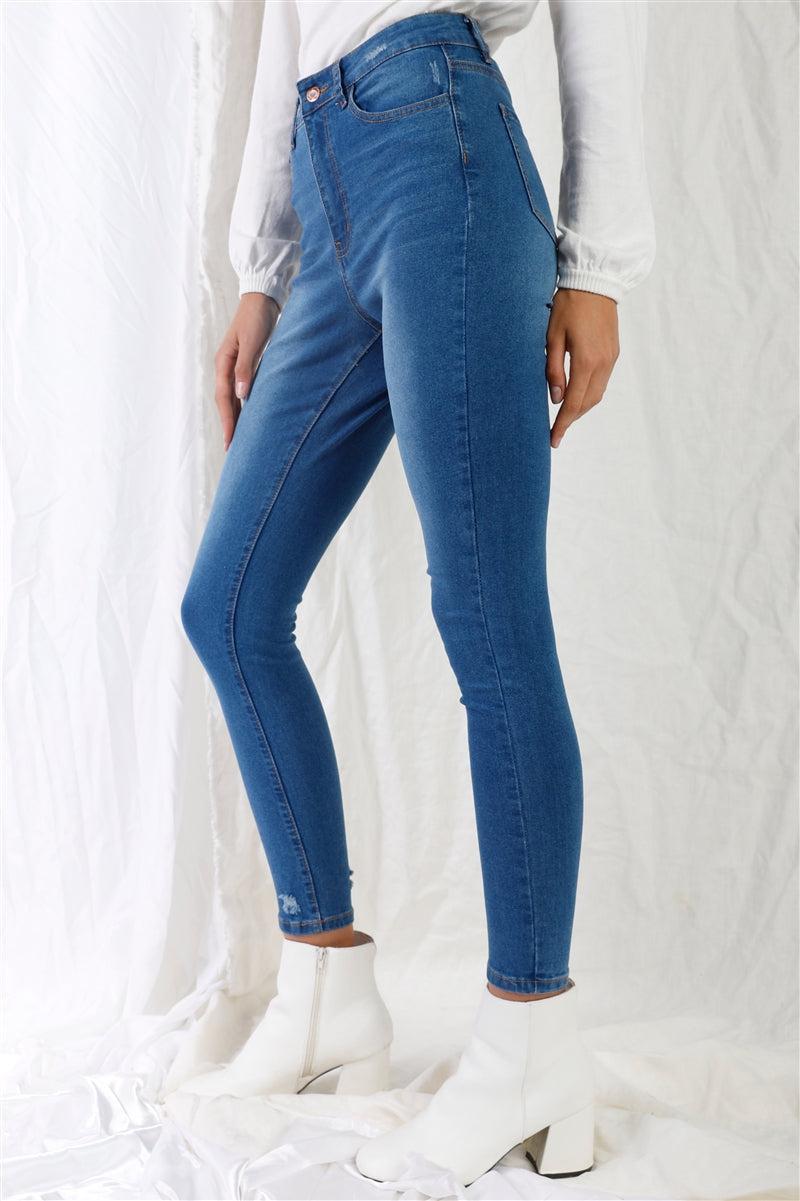 Mid Blue High-waisted With Rips Skinny Denim Jeans Blue Zone Planet