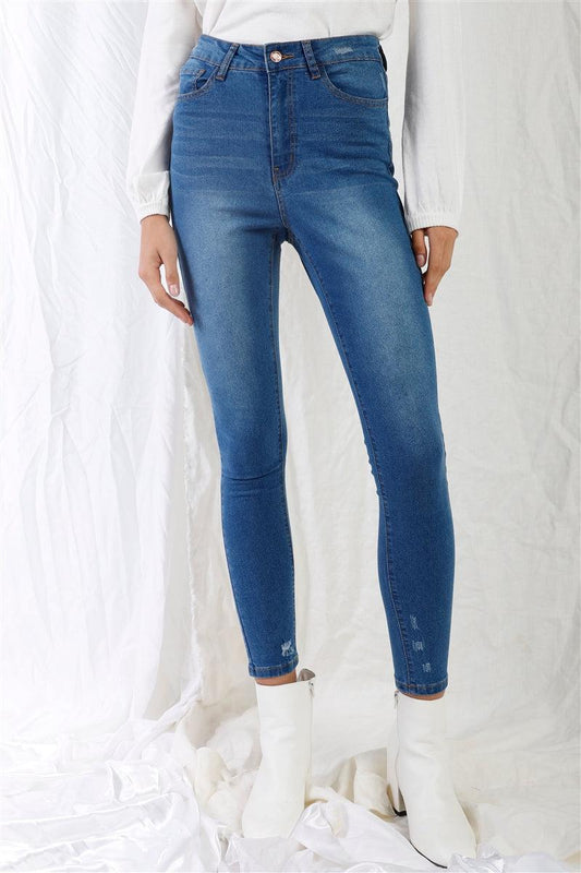 Mid Blue High-waisted With Rips Skinny Denim Jeans Blue Zone Planet