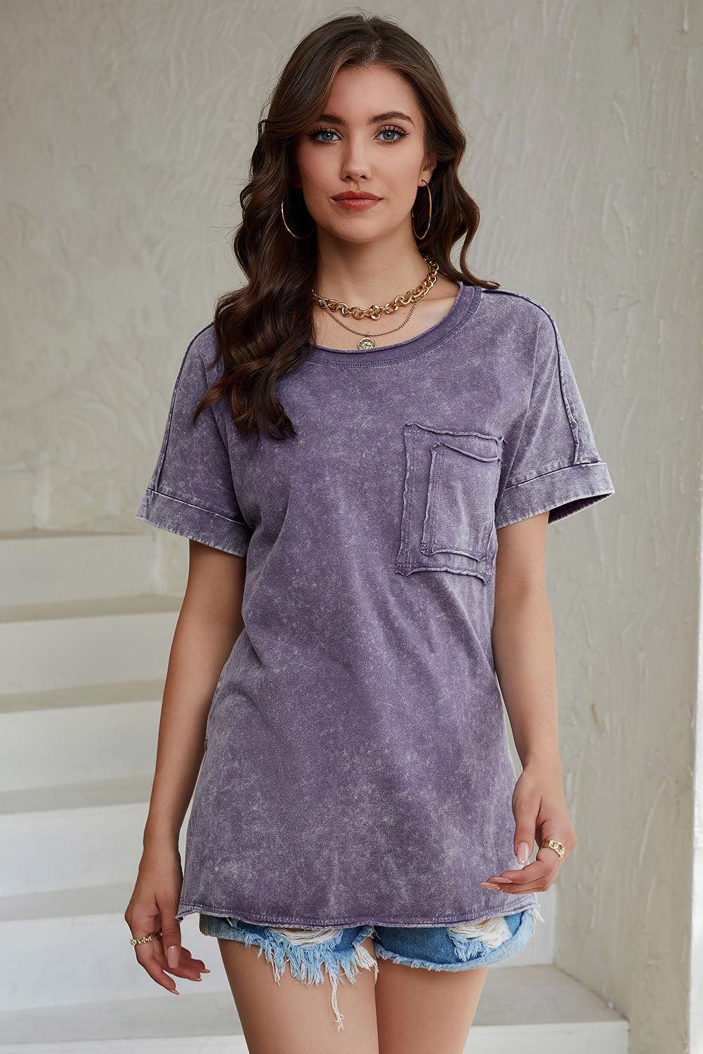 Mineral Wash Round Neck Short Sleeve Blouse BLUE ZONE PLANET