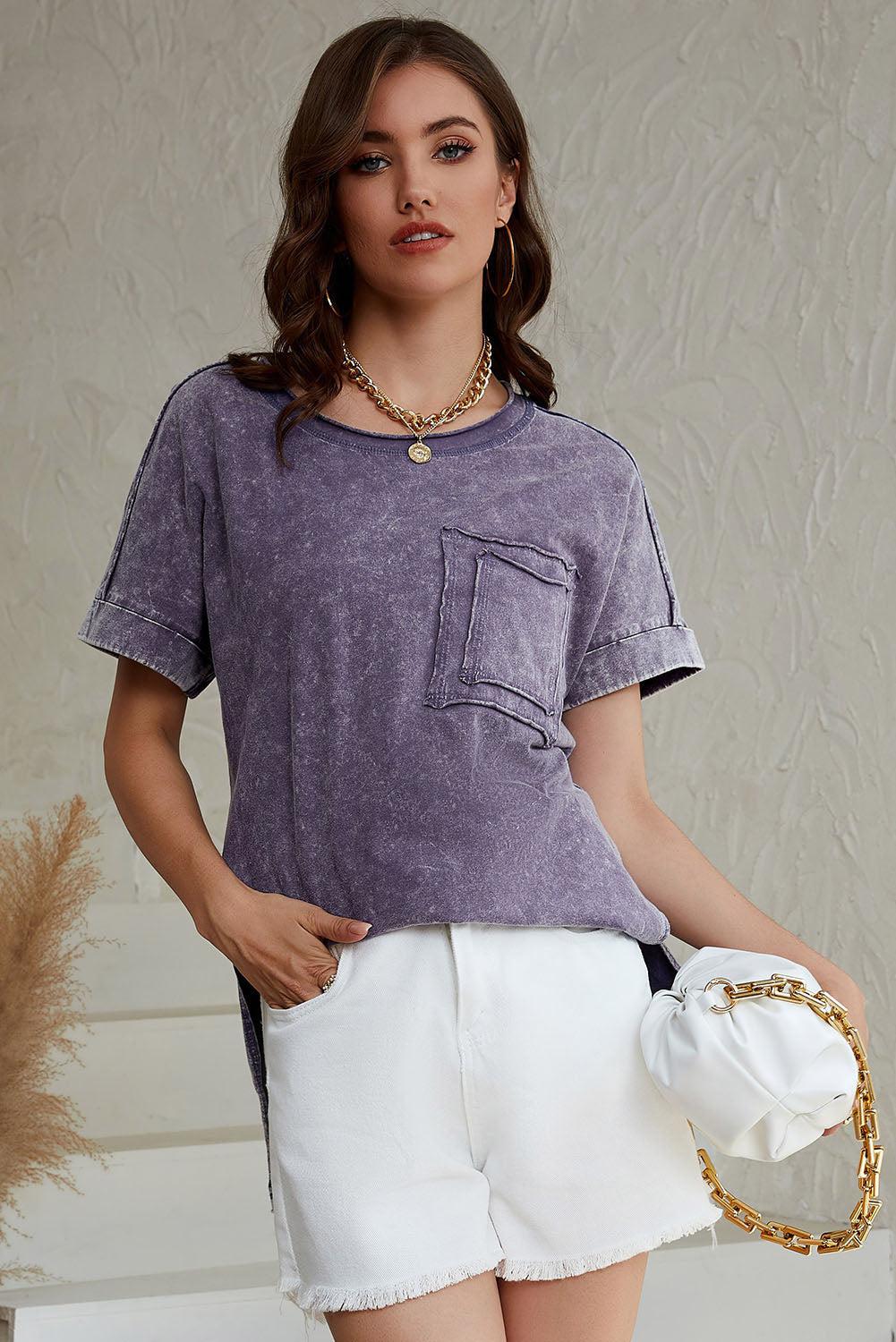 Mineral Wash Round Neck Short Sleeve Blouse BLUE ZONE PLANET