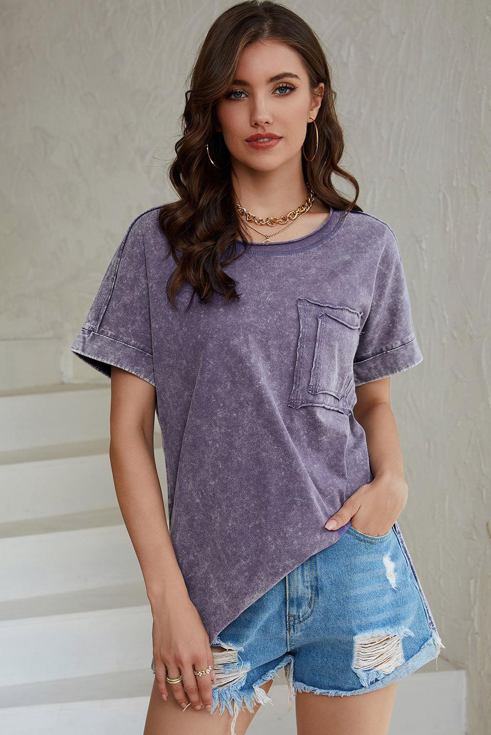 Mineral Wash Round Neck Short Sleeve Blouse BLUE ZONE PLANET