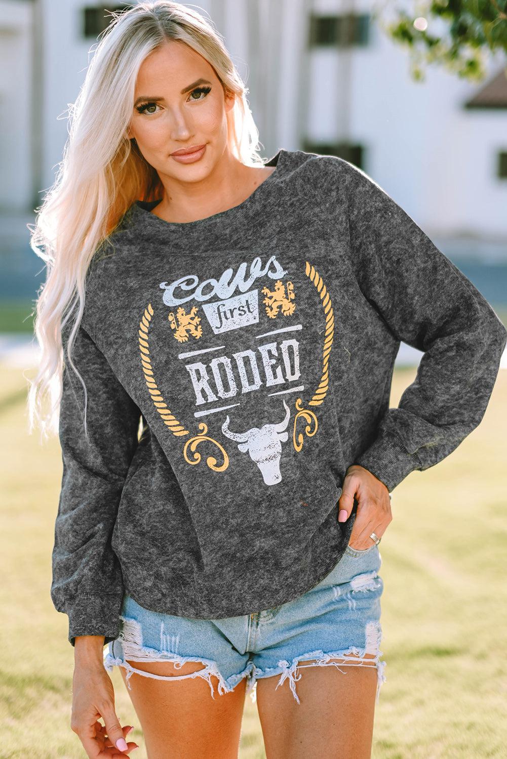 Mineral Washed COW'S FIRST RODEO Round Neck Raglan Sleeve Sweatshirt BLUE ZONE PLANET