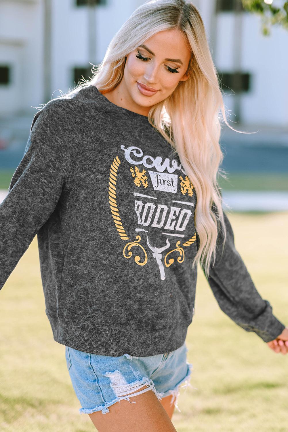 Mineral Washed COW'S FIRST RODEO Round Neck Raglan Sleeve Sweatshirt BLUE ZONE PLANET