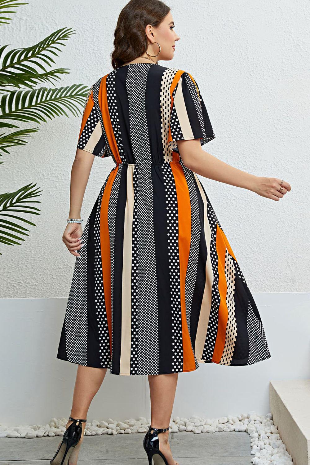 Mixed Print Striped Flutter Sleeve Dress BLUE ZONE PLANET