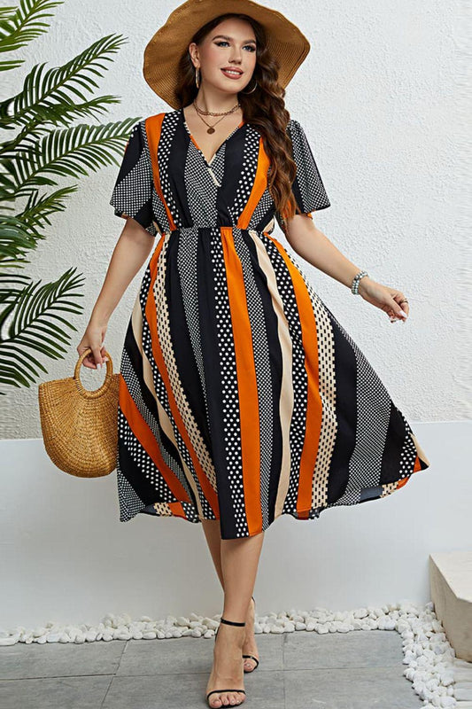 Mixed Print Striped Flutter Sleeve Dress BLUE ZONE PLANET