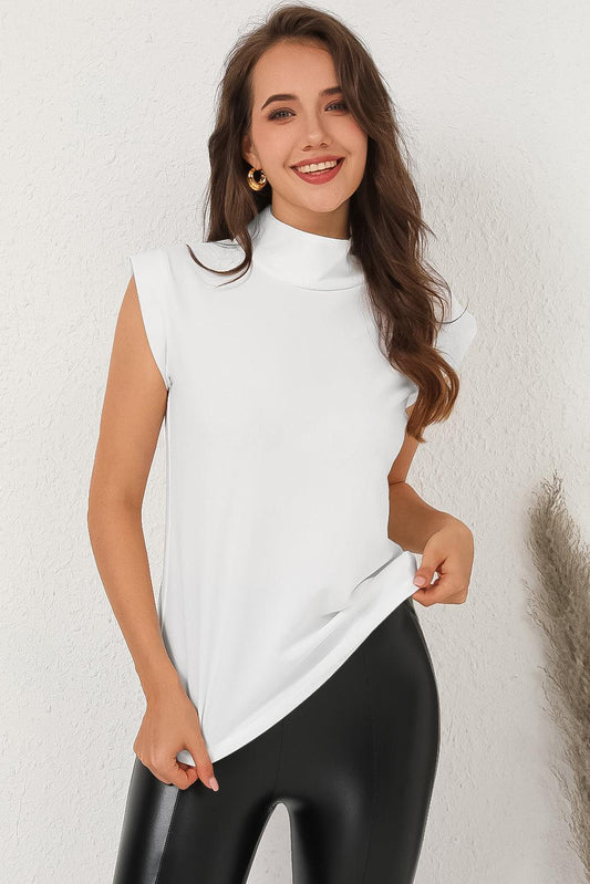 Mock Neck Cap Sleeve Blouse BLUE ZONE PLANET