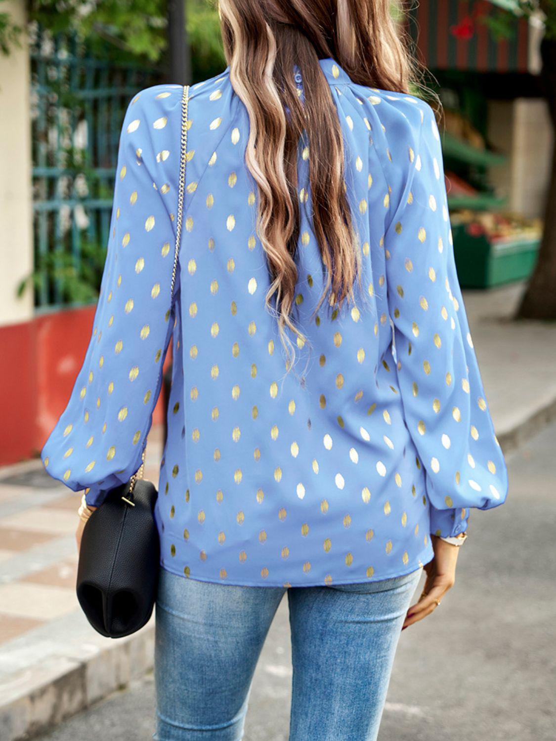 Mock Neck Cutout Lantern Sleeve Blouse BLUE ZONE PLANET